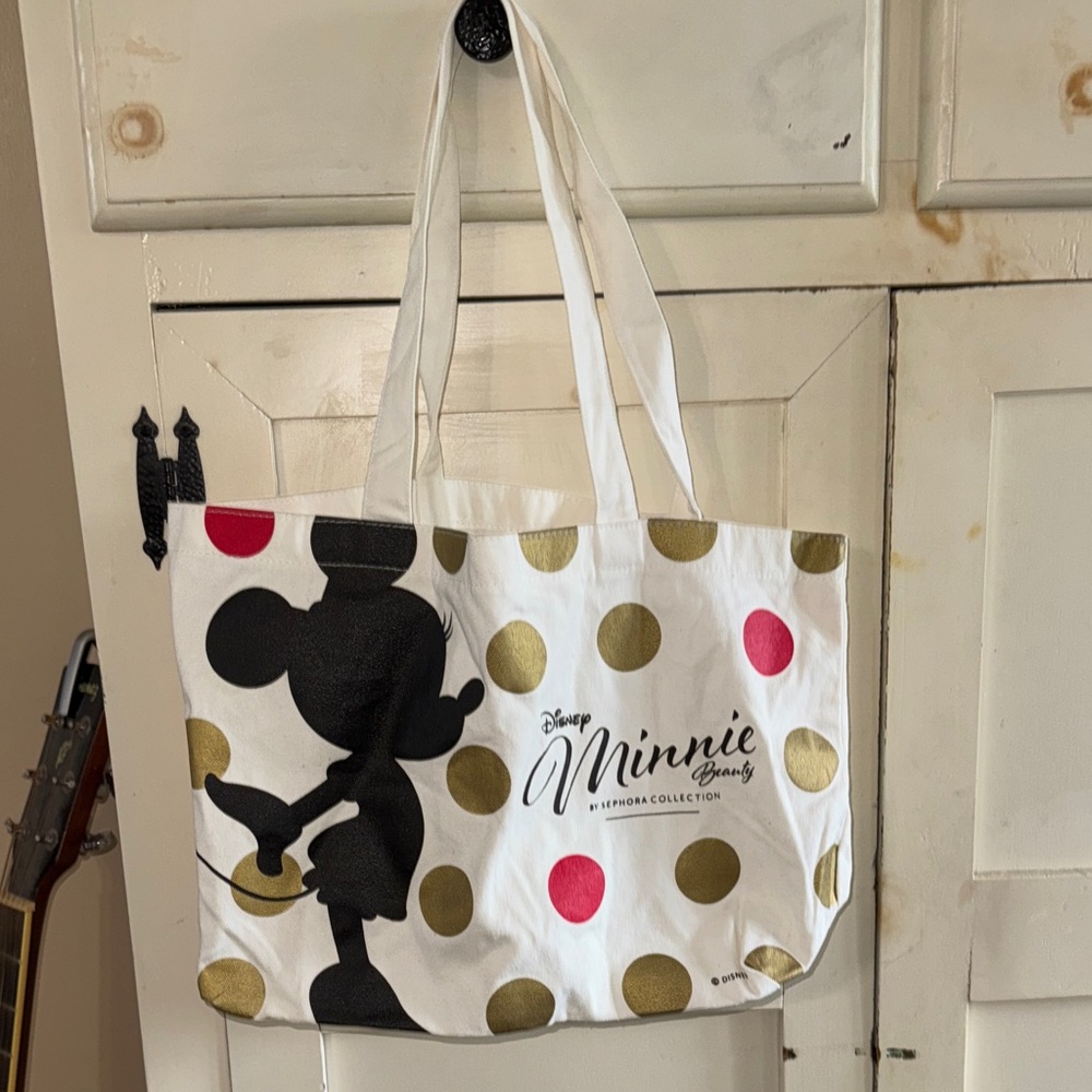 Disney Minnie Polka Dot Tote Bag in White, Black & Gold